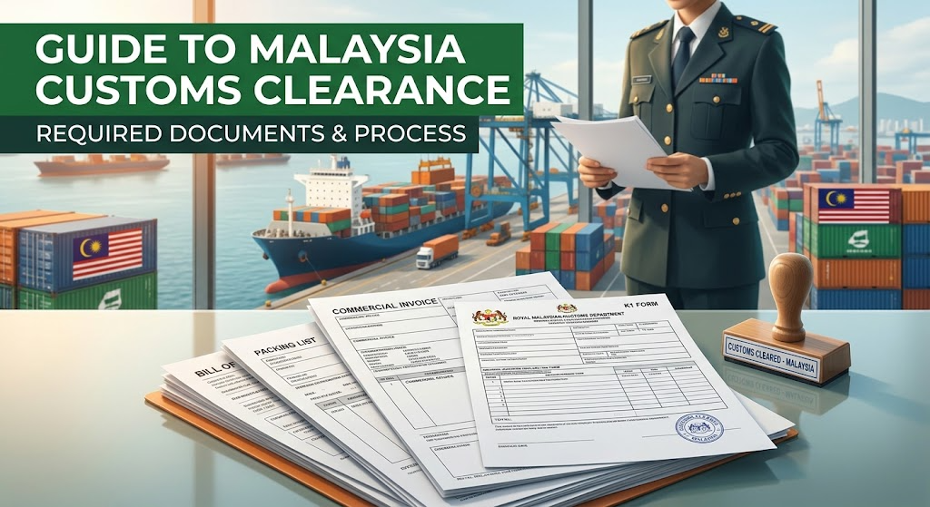 Guide to documents required for customs clearance in Malaysia banner showing required import documents including K1 form, commercial invoice, and packing list with a shipping port background.
